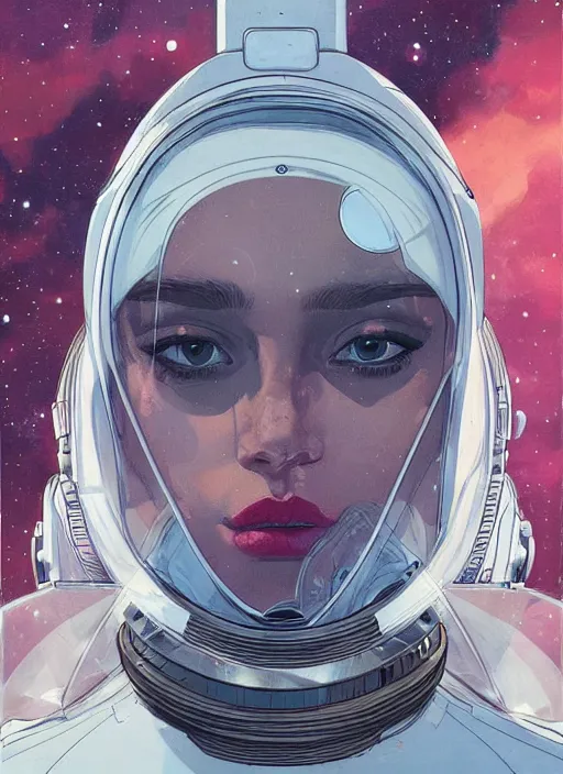 Image similar to a close up on the face of a beautiful woman in a future space suit artwork by james jean and Phil noto
