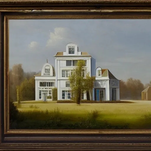 Prompt: a beautiful painting of a modern mansion in a serene landscape by jan frans van bloemen, trending on artstation.