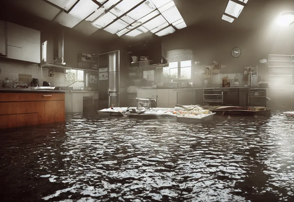 Image similar to kodak portra 4 0 0 photographic and realistic, 7 0's kitchen, detailed, octane render, unreal engine, 4 k, artstation, hyper realistic, wide angle, floor flooded, how a river, objects that float, 3 5 mm, sharp focus, soft light, volumetric light fog, in the style of gregory crewdson