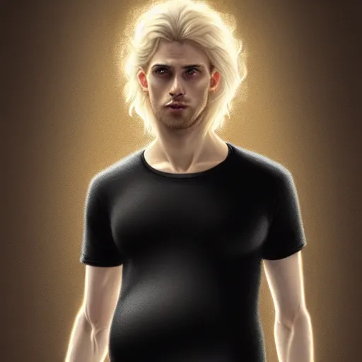 Prompt: A pregnant pale blond young man in a tight black T-shirt, very detailed face, long fluffy curly blond hair, light blond hair, gorgeous, beautiful, intricate, highly detailed, digital painting, artstation, concept art, sharp focus, illustration, art by greg rutkowski and alphonse mucha