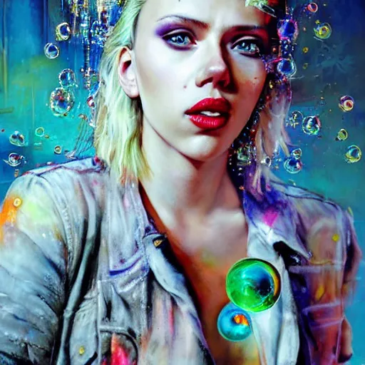 Image similar to scarlett johansson as delirium from sandman, ( hallucinating colorful soap bubbles ), by jeremy mann, by sandra chevrier, by jamie hewlett and richard avedon, punk rock, tank girl, high detailed, 8 k