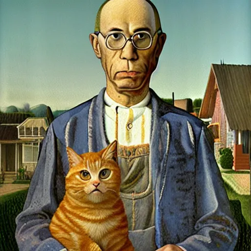 Prompt: fat orange tabby cat, man with afro, american gothic by grant wood