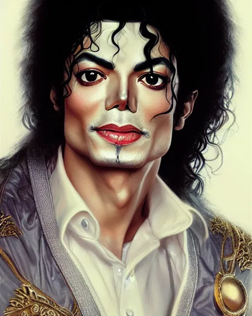 Image similar to Portrait of Michael Jackson but he is white, real life skin, intricate, elegant, highly detailed, artstation, concept art, smooth, sharp focus, art by artgerm and greg rutkowski and alphonse mucha