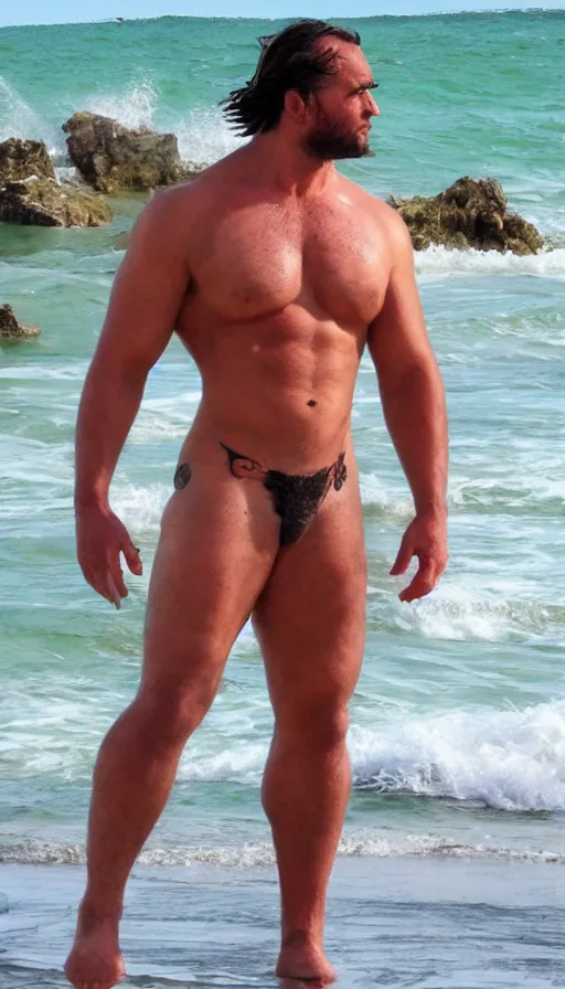 Prompt: bara character at beach