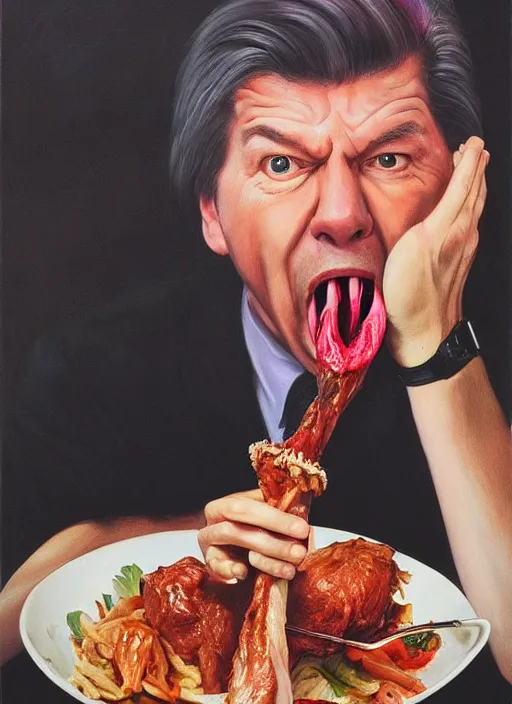 Prompt: ultrawide angle colour portrait masterpiece photography of vince mcmahon eating a turkey leg shot by annie leibovitz michael cheval miho hirano moebius josh kirb