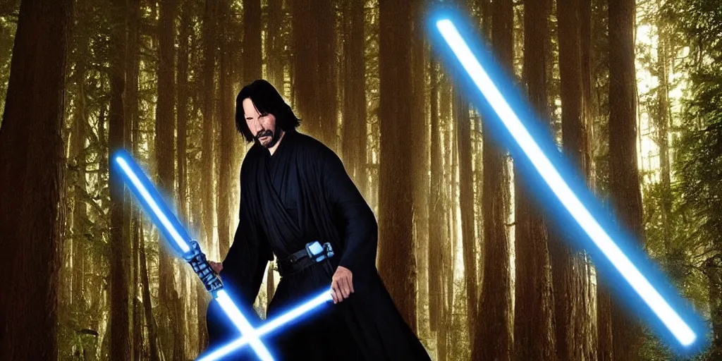 Image similar to keanu reeves as a jedi master with a blue lightsaber fighting a sith lord in an ancient bioluminescent forest, perfect symmetrical face, full moon, moody lighting, 8 k, shallow depth of field, intricate detail,