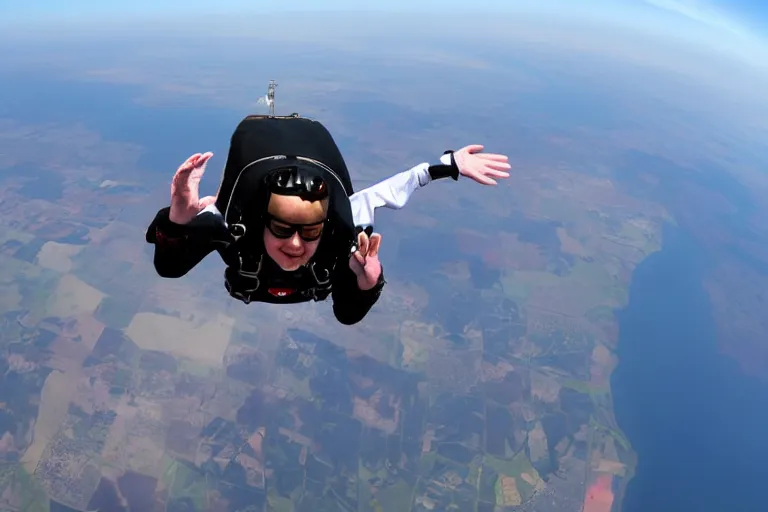 Prompt: close - up wide - angle photo of queen elizabeth skydiving