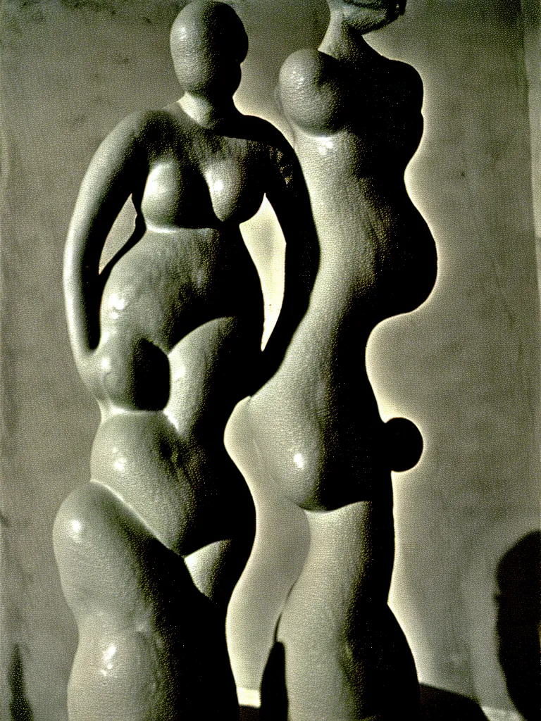 Image similar to extreme harsh lighting antique photograph of biomorphic surreal sculpture of a curvaceous standing figure of enemy of mankind, made of plaster and old circuitry and stained with sumi ink, sculpted by alexander rodchenko and eva hesse, photographed by francesca woodman, tragic grainy shallow depth of field high contrast shocking detail trending on artstation 8 k