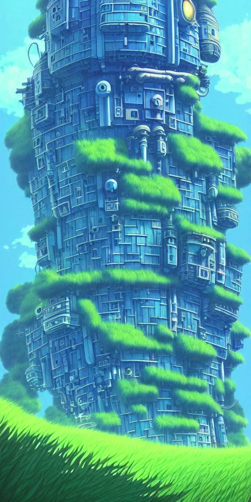 Image similar to a huge blue tiled apartment building of howl's moving castle ghibli, photorealistic, art by vincent di fate nausicaa, ghibli, breath of the wild, epic composition, green plants