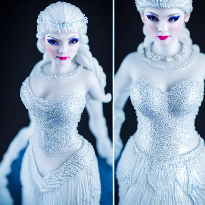 Image similar to photograph of a real-life beautiful ice queen with ornate white dress. Extremely detailed. 8k