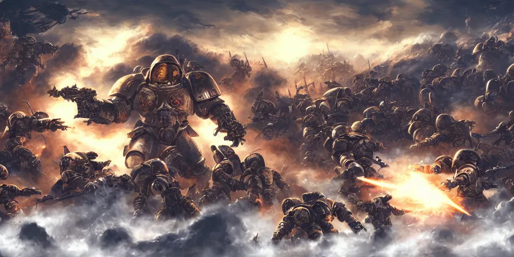 Prompt: a highly detailed digital painting of space marines battling primarch, epic composition, volumetric lighting, warhammer