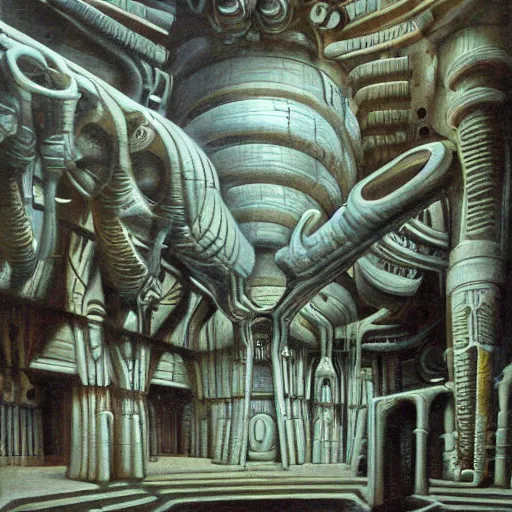 Prompt: painting of a scifi ancient civilzation victorian, brutalist architecture, hr giger