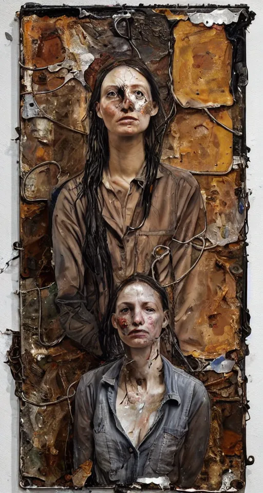 Image similar to a full length portrait of a very ordinary young woman with a sad expression, Anselm Kiefer and Lucian Freud and Jenny Saville, oil painting, rust, Scaffolding, rusted metal and sunflowers, iron cladding, decay, mixed media, textured, anatomically correct, beautiful perfect face, visible brushstrokes, sharp focus, twisted wire, Highly Detailed, photographic emulsion cracked and peeling, Cinematic Lighting, 8k, HD