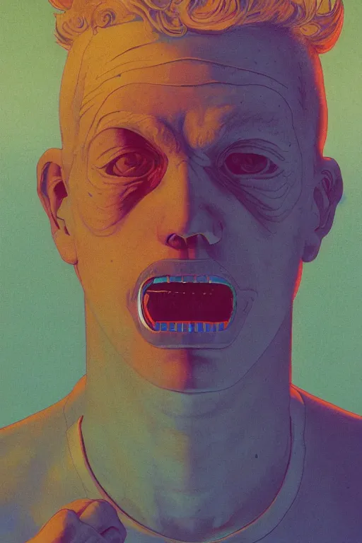 Image similar to a scifi closeup portrait of a young british man licking a blotter paper of LSD acid on his tongue and dreaming psychedelic hallucinations in cosmos, by kawase hasui, moebius, Edward Hopper and James Gilleard, Zdzislaw Beksinski, Steven Outram colorful flat surreal design, hd, 8k, artstation