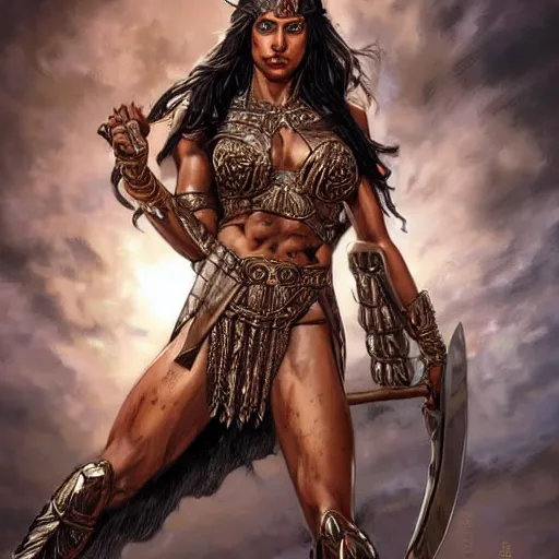 Prompt: greek amazon warrior, a tall beautiful woman with brown skin and long curly dark hair, dressed in hellenistic body armour, intricate, elegant, highly detailed, smooth, sharp focus, detailed face, high contrast, graphic novel, art by ardian syaf,