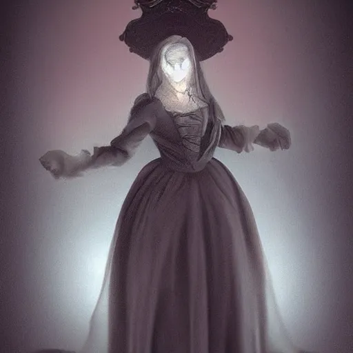 Prompt: “hyper realistic digital painting of ghost woman in Victorian gown on haunted train, horror, trending on artstation, atmospheric lighting”
