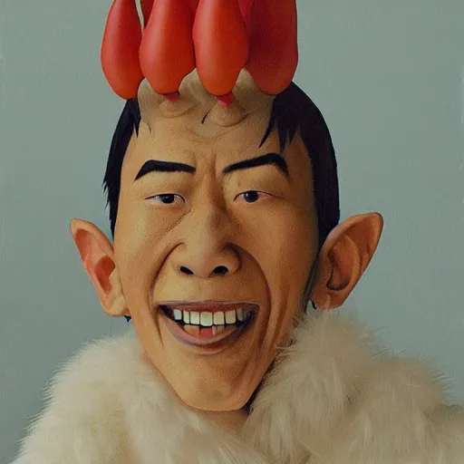 Image similar to scary portrait of an asian man dressed as a chicken, the chicken man, highly detailed painting by studio ghibli 8 k