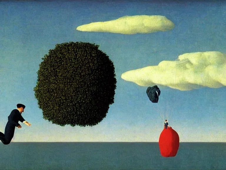 Image similar to Man parachuting onto a small island in the middle of a big lake painting by rene magritte, high detail, high resolution