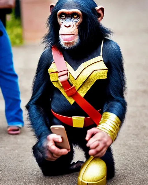 Image similar to A chimpanzee wearing a Wonder Woman outfit, holds a smart phone, photographed in the style of National Geographic, hyperreal