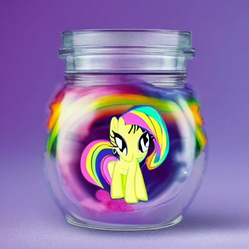 Prompt: a my little pony figure in a jar covered in a mysterious sticky yellowish fluid, photography, 8 k