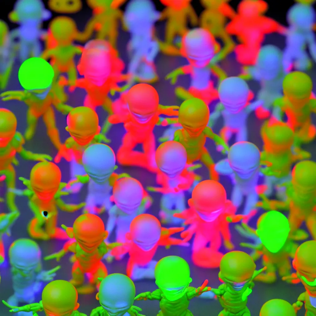 Prompt: action figure of an alien in dayglo colors silly putty in heaven, cute colors backlit