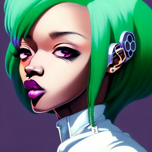 Image similar to portrait of a black anime manga girl, french bob hair, white hair, green bomber jacket, by artgerm, james jean, tom bagshaw, gerald brom, vaporwave colors, lofi colors, vaporwave, lofi, goth vibe, 4 k, smooth, hd, substance designer render, full body character concept art, symmetrical, 2 point lighting,