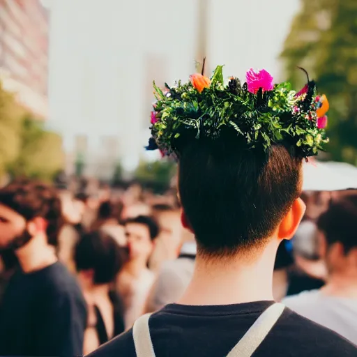 Image similar to kodak portra 4 0 0 photograph of a skinny goth guy standing in a crowd, back view, flower crown, moody lighting, telephoto, 9 0 s vibe, blurry background, vaporwave colors, faded!,