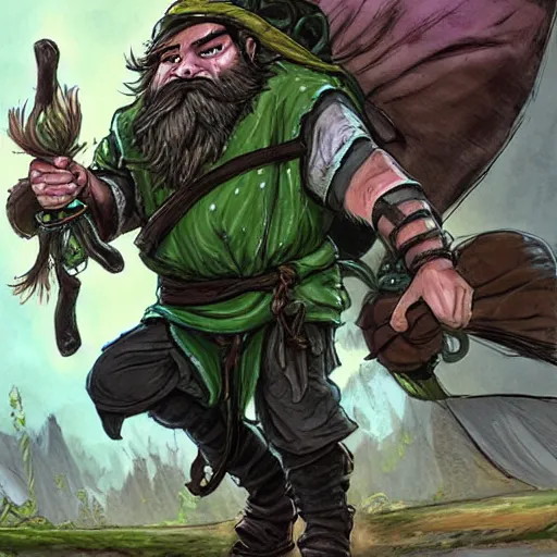 Image similar to a bearded and long haired bicycle food delivery worker with a green bag on his back in ireland, he has boots, hearthstone art style, epic fantasy style art by kim jung gi, fantasy epic digital art