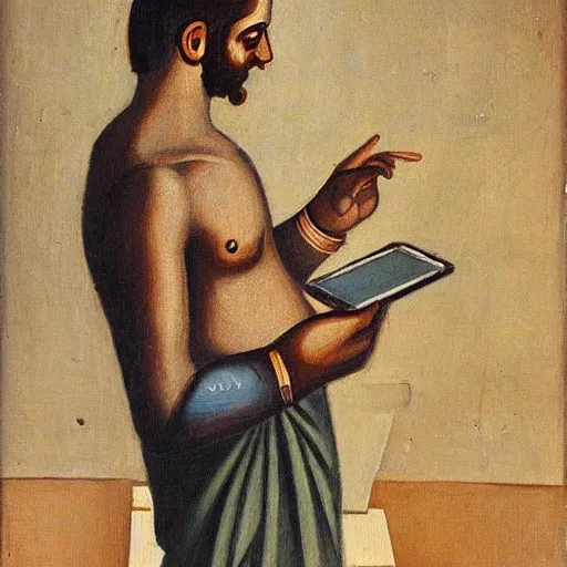 Image similar to “man on iPhone, Ancient Greek painting”