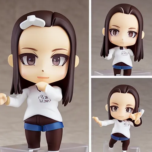 Image similar to nendoroid of a white girl with long dark brown hair shaved on the sides, brown eyes and thick eyebrows