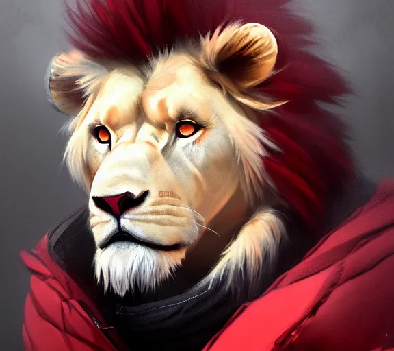 Image similar to commission portrait of a male anthro albino lion wearing a red-black puffer jacket.dramatic,character design by charles bowater,greg rutkowski,ross tran,hyperdetailed,hyperrealistic,4k,deviantart,artstation,professional photography,concept art