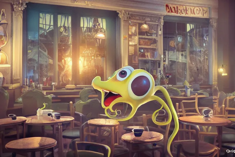 Image similar to Angry little octopus threaten with a fist from a cup of coffee in beautiful morning café in Paris. Pixar Disney 4K 3d render funny animation movie Oscar winning trending on ArtStation and Behance. Oscar Award winner