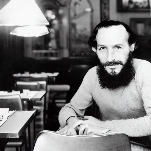 Prompt: photo of a frenchman from france seated in a restaurant ( ( ( in the year 1 9 7 0 ) ) ). 5 0 mm, studio lighting