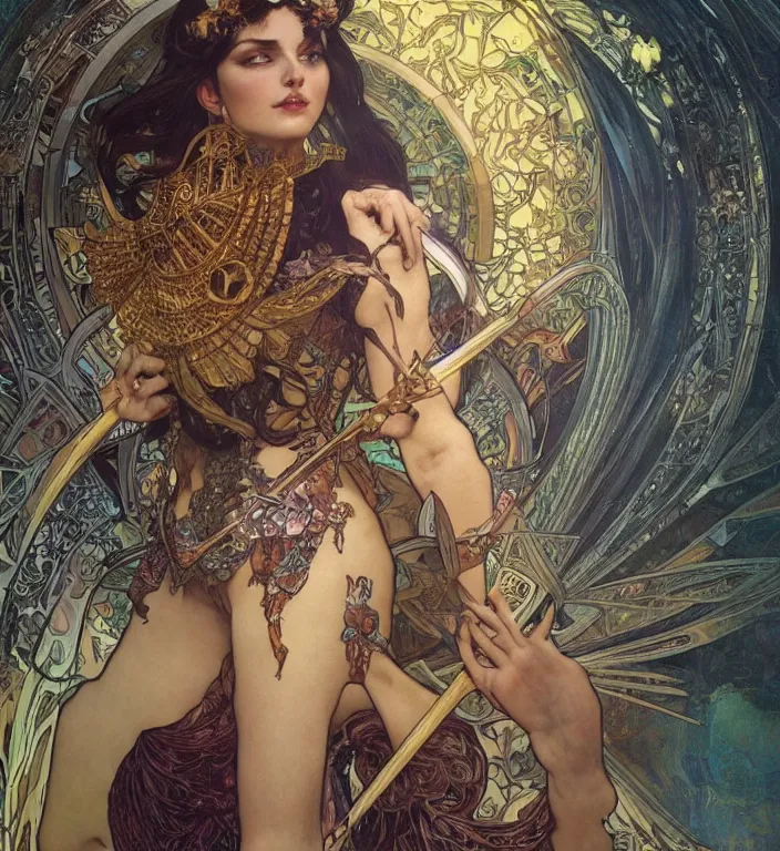 Image similar to unreal engine render + a goddess, tarot card, dark souls colour scheme, smooth, coherent, high detailed, by Karol Bak outlines by Alphonse Mucha, featured on artstation, instagram HD, unreal engine