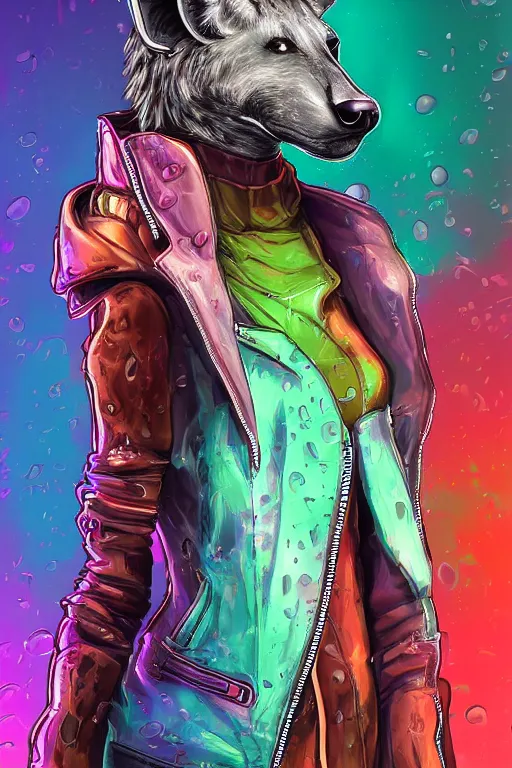 Image similar to digital painting of anthromorphic hyena female, fursona, furry fandom, neon rainy cyberpunk setting, anthro, wearing cyberpunk leather jacket, detailed face,