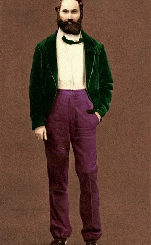 Prompt: a man of caucasian appearance with a dutch - style brown beard without mustache in a black hat, green jacket, purple pants and white sneakers in full height, perfect face
