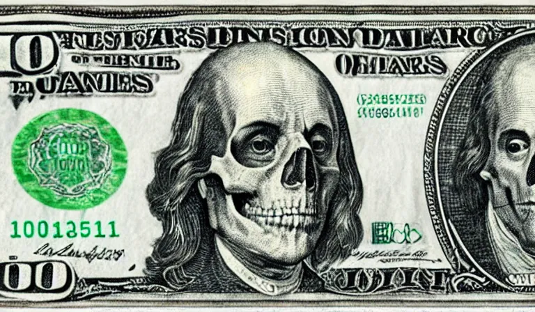 Prompt: skull on one hundred dollar bill