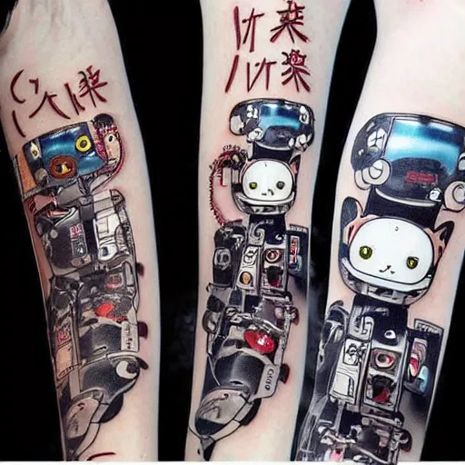 Prompt: Anime manga robot!! cat tattoo, cyborg cat, exposed wires and gears, fully robotic!! cat, manga!! in the style of Junji Ito, Hayao Miyazaki and Naoko Takeuchi, cute!! chibi!!! cat, tattoo on upper arm, arm tattoo