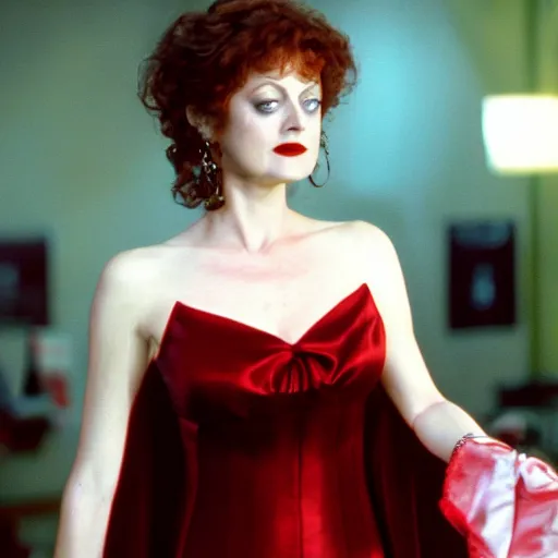 Image similar to High definition photo of young Susan Sarandon as a vampire queen wearing red silk