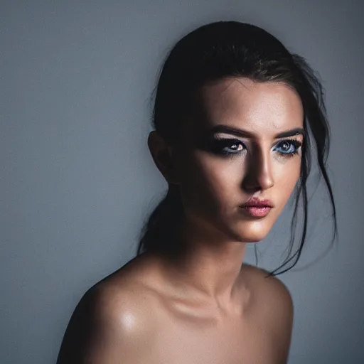 Prompt: Photo of a model, bold, self-confidence, cinematic, light makeup focus