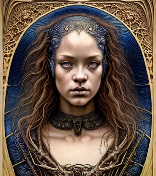 Image similar to detailed realistic beautiful young medieval alien robot rihanna face portrait by jean delville, gustave dore and marco mazzoni, art nouveau, symbolist, visionary, gothic, pre - raphaelite. horizontal symmetry by zdzisław beksinski, iris van herpen, raymond swanland and alphonse mucha. highly detailed, hyper - real, beautiful, fractal baroque