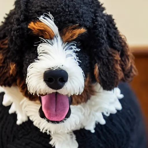 Image similar to a closeup photorealistic photograph of a cute smiling knitted bernedoodle judge dog dressed in a black gown, presiding over the courthouse. indoors, professional capture, well lit shot. this 4 k hd image is trending on artstation, featured on behance, well - rendered, extra crisp, features intricate detail, epic composition and the style of unreal engine.