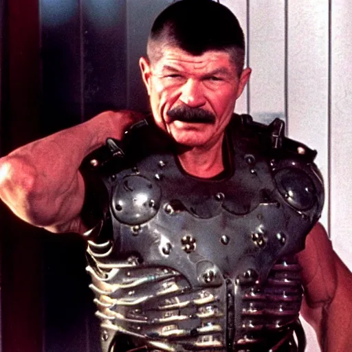 Image similar to Charles Bronson wearing the armor from doom