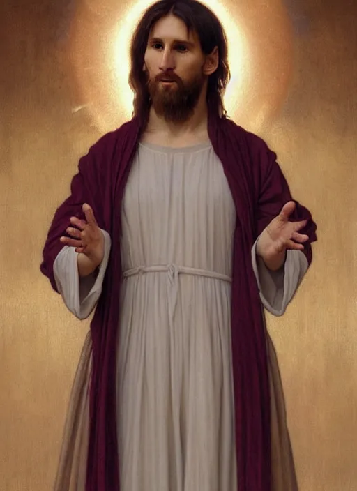 Image similar to portrait lionel messi as jesus in the cross, full length shot, shining, 8 k highly detailed, sharp focus, illustration, art by artgerm, mucha, bouguereau