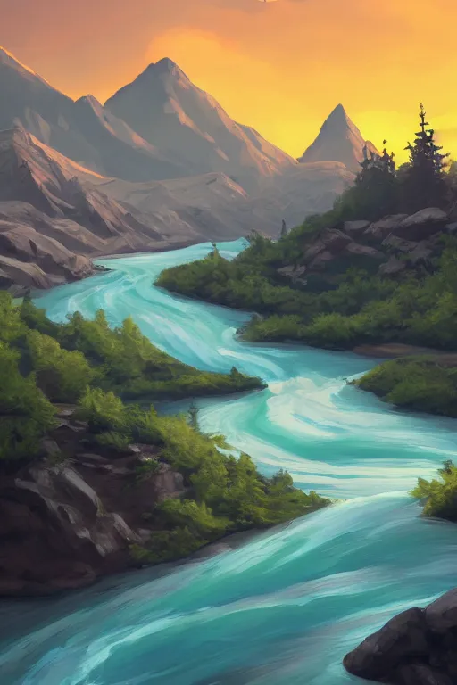 Image similar to mountaintop river flat illustration fantasy art trending on artstation