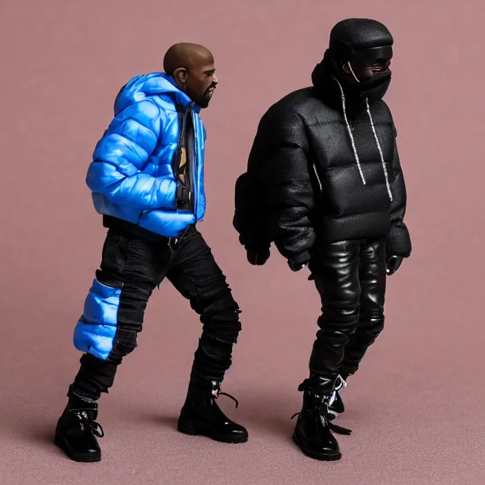 Image similar to a goodsmile figure of kanye west using a full face covering black mask, a small, tight, undersized reflective bright blue round puffer jacket made of nylon, dark jeans pants and big black balenciaga rubber boots, figurine, detailed product photo