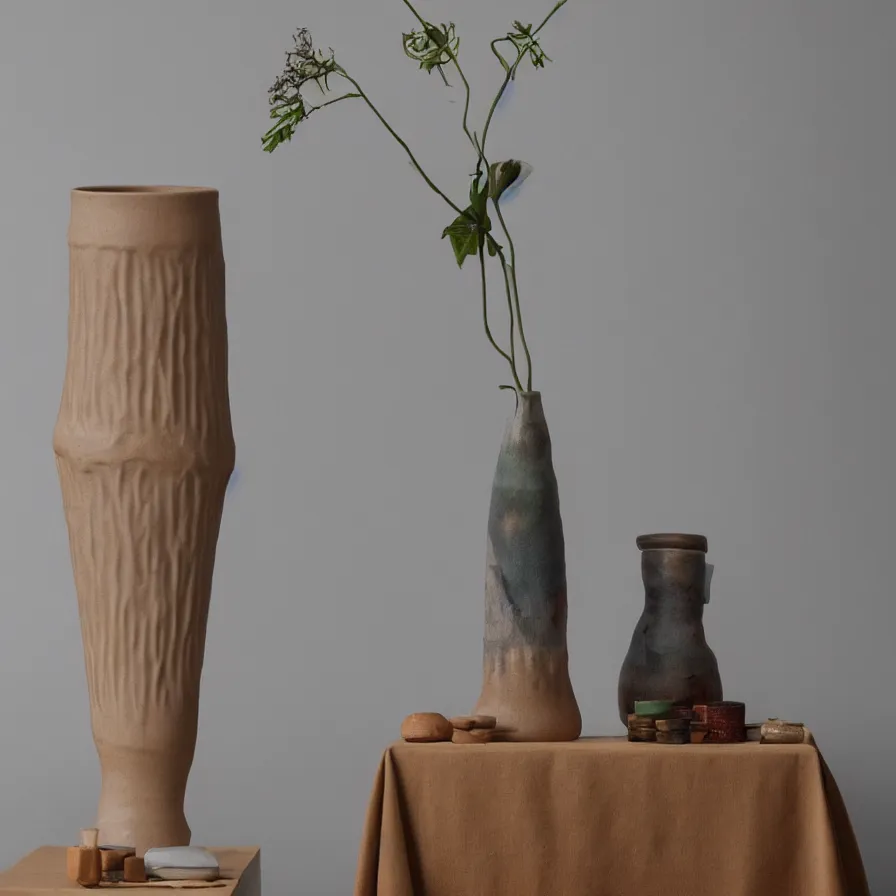 Image similar to beautiful studio photograph of a ceramics display with hans holbein portrait painted onto a tall angular stoneware vase with handles placed on a tablecloth on a wooden table, hyperrealism 8 k trending on artstation