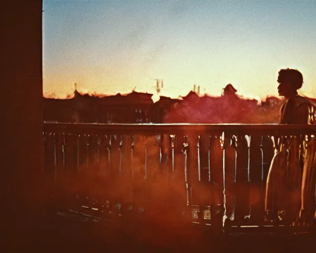 Image similar to lomo photo of pair standing on small hrushevka balcony full with cigarette smoke in small russian town looking at sunset, cinestill, bokeh