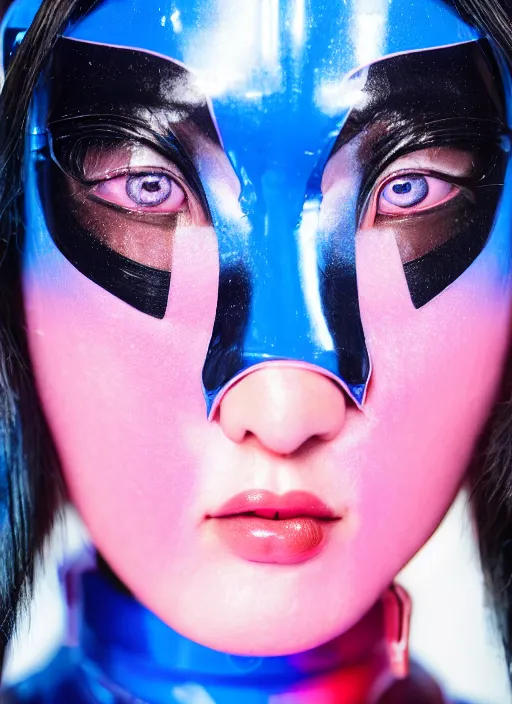 Image similar to a close-up risograph long shot of cyberpunk japanese model girl with black eyes and pretty face wearing latex catsuit and lots of transparent and cellophane accessories, blue hour, twilight, cool, portrait, Kodachrome, ISO1200,