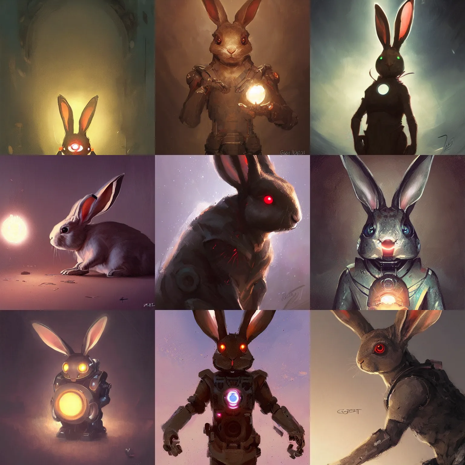 Prompt: rabbit robot with big ears and glowing eyes by greg rutkowski